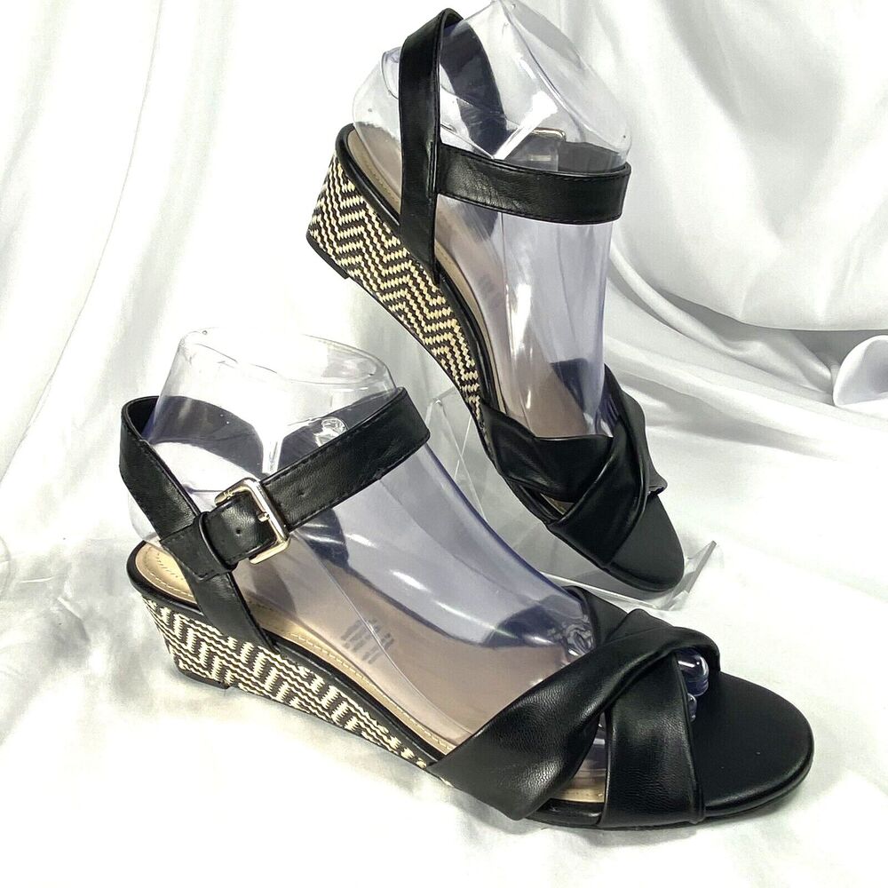 Liz Claiborne Sandals Womens 8M Slingback Wedge Heel Open Toe Black Faux Leather